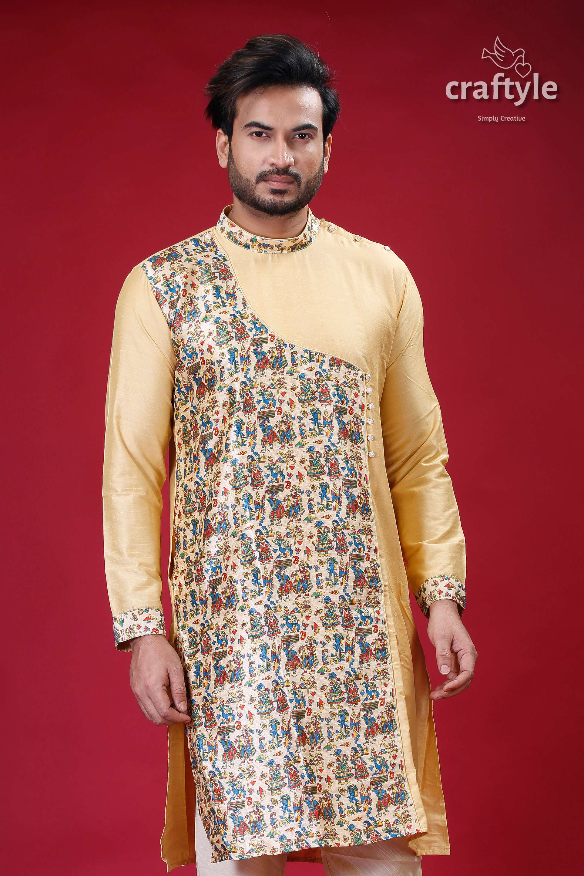 Light French Beige Madhubani Designer Silk Kurta for Men - Craftyle