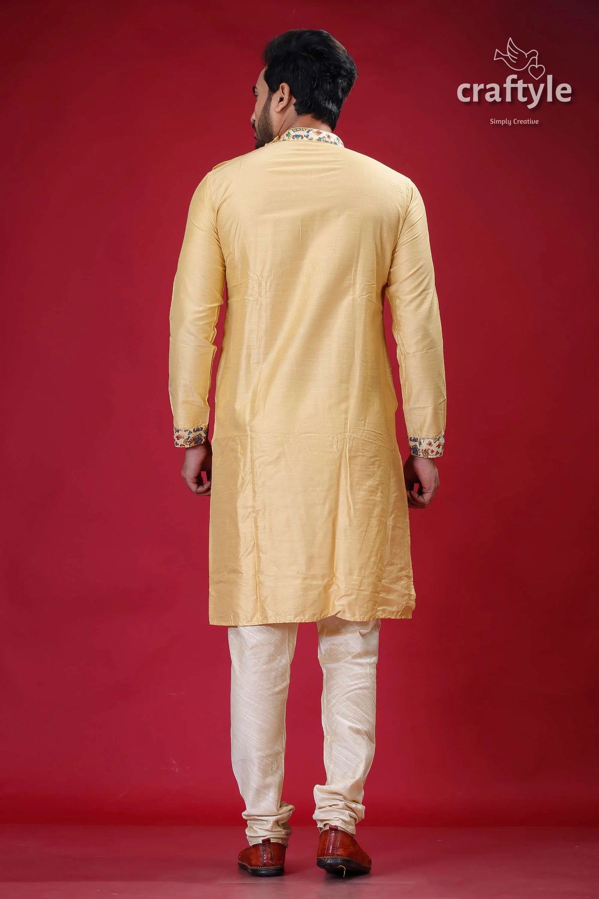 Light french beige madhubani designer silk kurta for men man yellow pajama 4