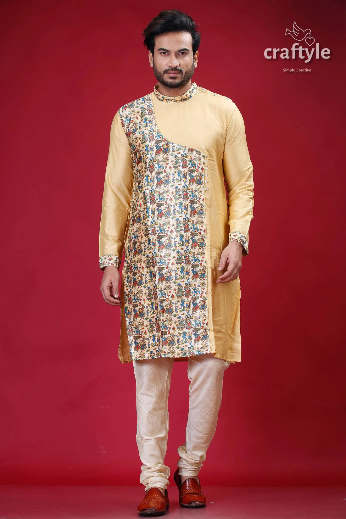 Light french beige madhubani designer silk kurta for men man’s patterned pajama 1
