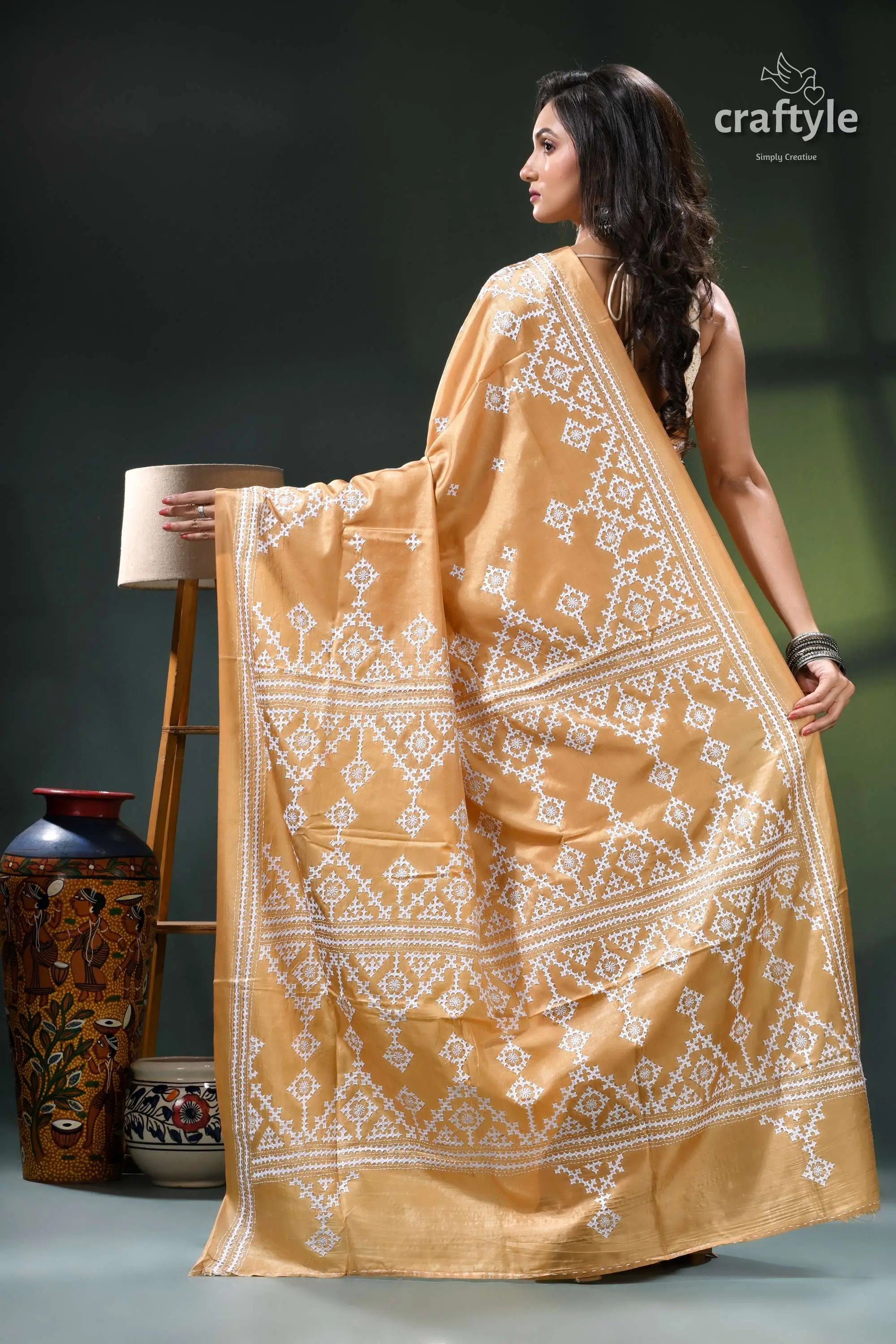 Light french beige white gujrati stitch handcrafted silk saree gold white patterned saree intricate 6