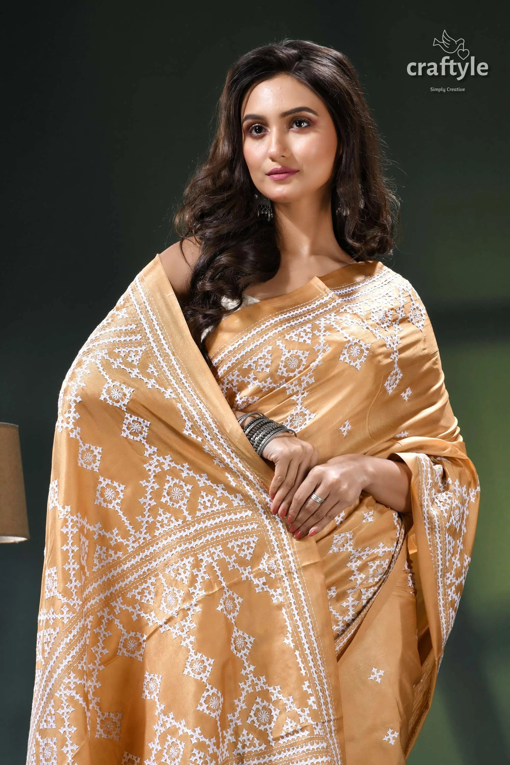 Light french beige white gujrati stitch handcrafted silk saree golden yellow saree intricate white 2