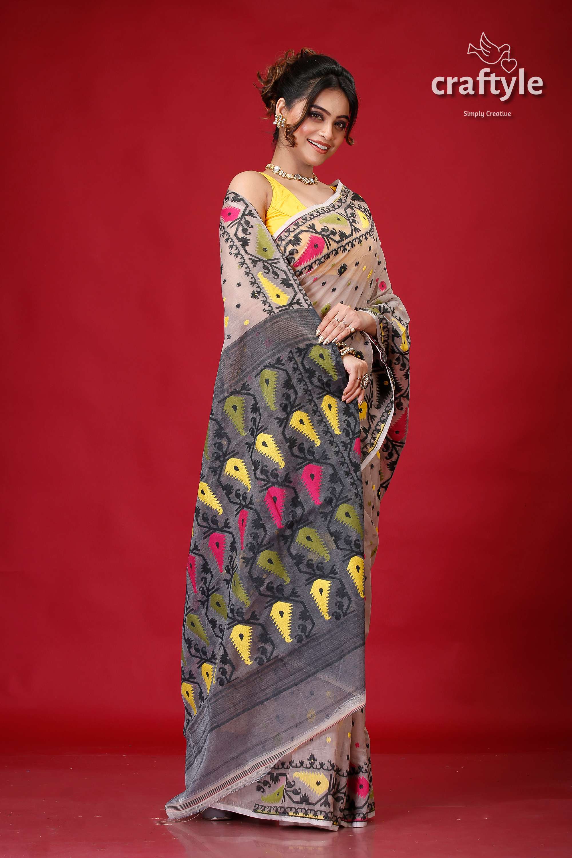 Light Gray Traditional Soft Jamdani Sari-Craftyle