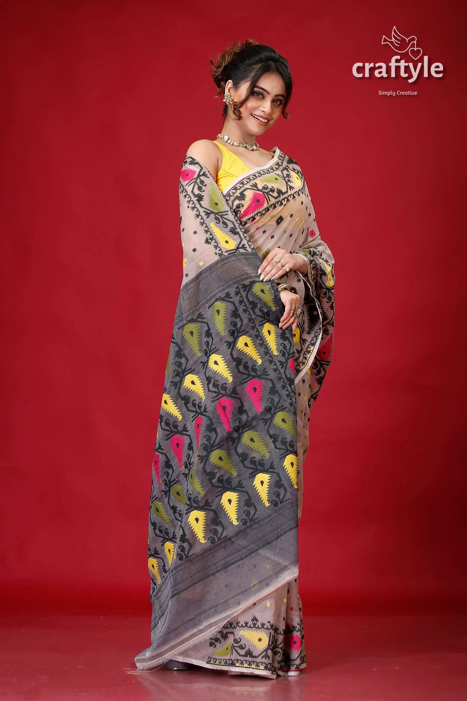 Light gray traditional soft jamdani sari woman patterned saree 4