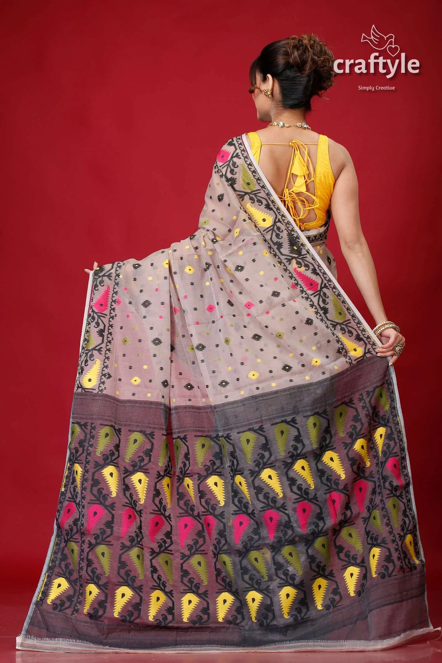Light gray traditional soft jamdani sari woman patterned saree 5