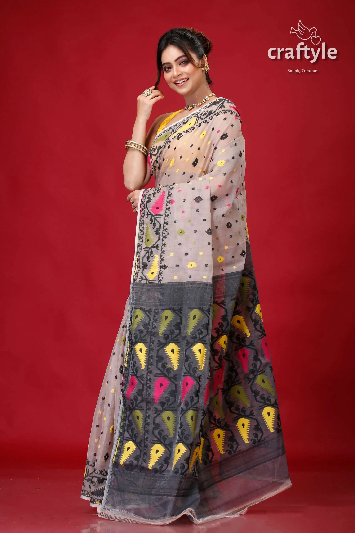 Light gray traditional soft jamdani sari woman patterned saree 3