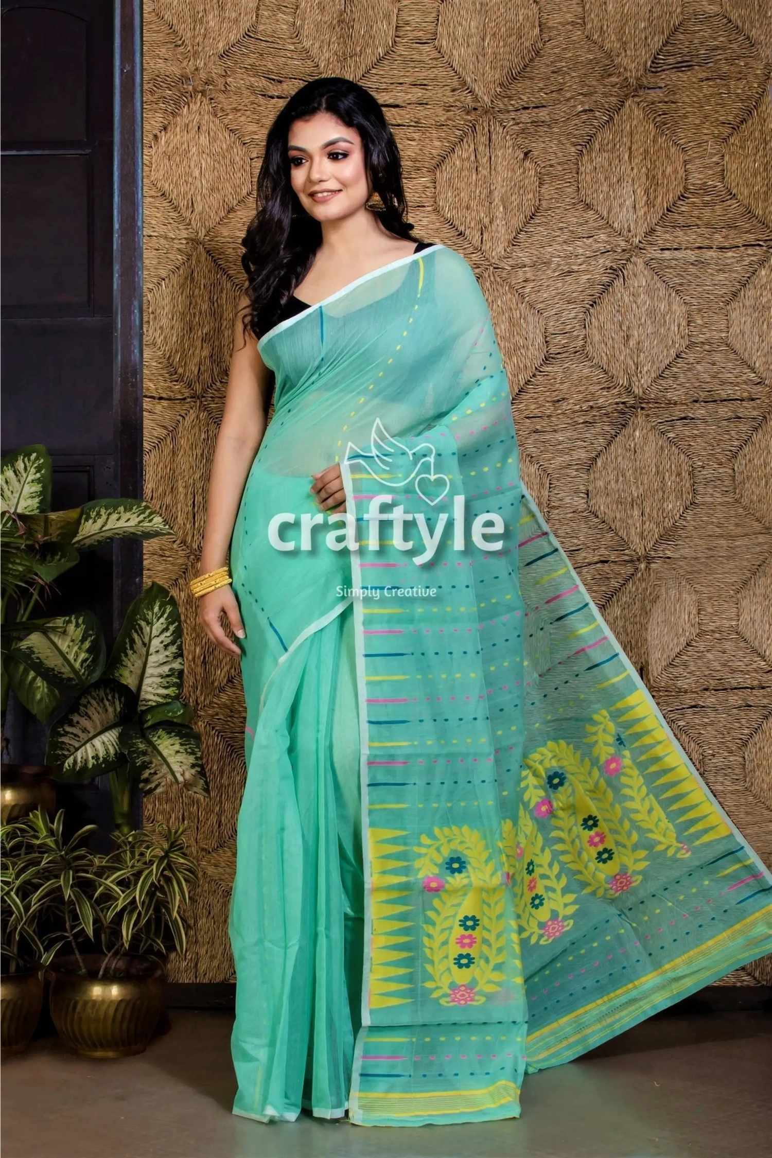Light green jamdani saree woman light blue saree embroidered 3