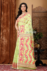 Light green-magenta graceful jamdani saree woman light green saree red 3