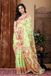 Light green-magenta graceful jamdani saree woman light green saree red 5