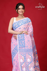 Light hot pink traditional dhakai jamdani saree pink blue patterned saree 2