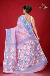Light hot pink traditional dhakai jamdani saree pink blue patterned saree 5