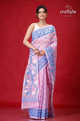 Light hot pink traditional dhakai jamdani saree pink blue patterned saree 4