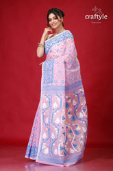 Light hot pink traditional dhakai jamdani saree pink blue patterned saree 3