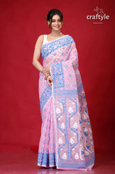 Light hot pink traditional dhakai jamdani saree pink blue patterned saree 1