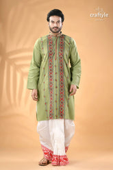 Light moss green kantha work cotton mens kurta men’s light green embroidered kurta 1