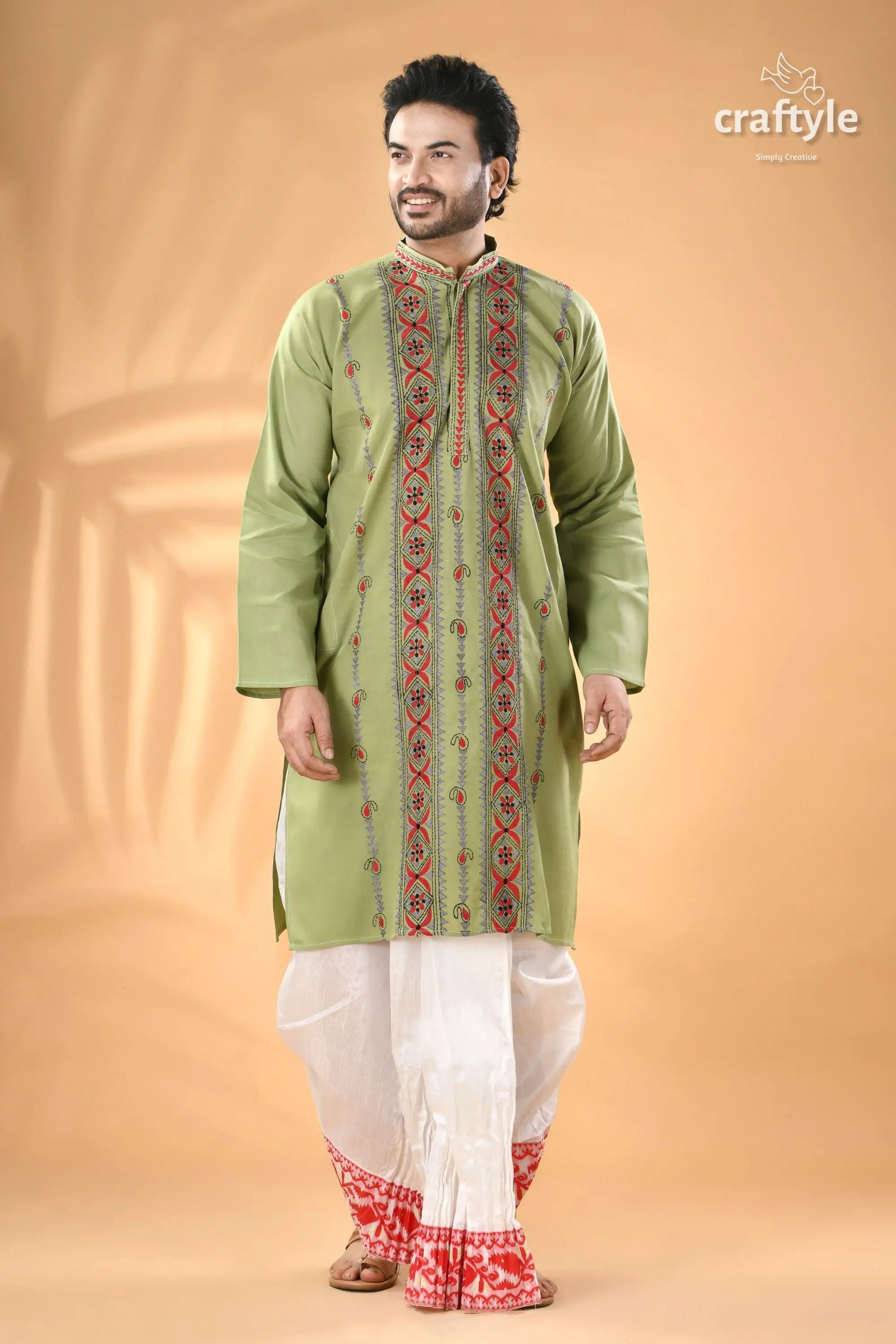 Light moss green kantha work cotton mens kurta men’s light green embroidered kurta 5
