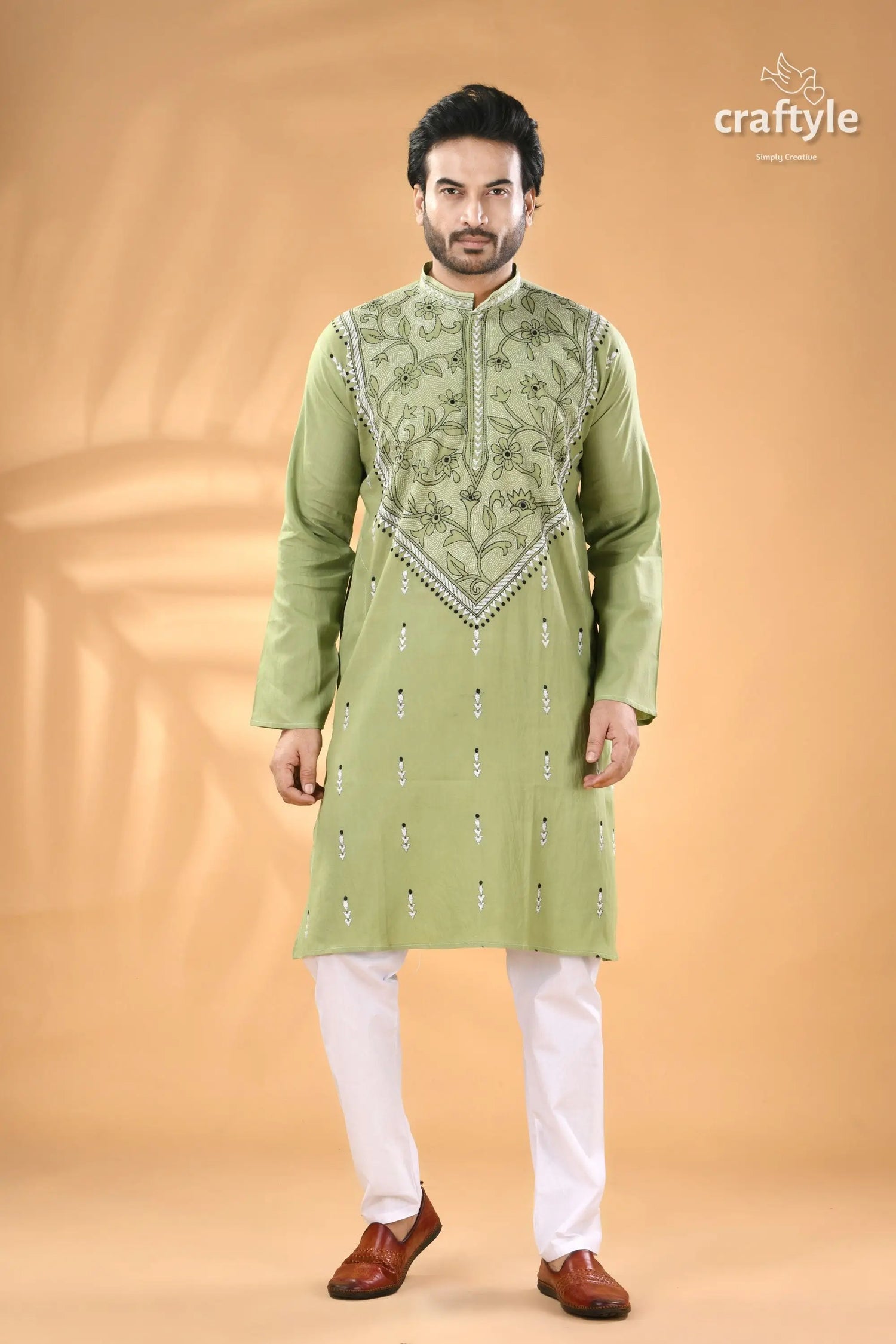 Light moss green kantha work men’s cotton ethnic punjabi men’s light green embroidered kurta 5