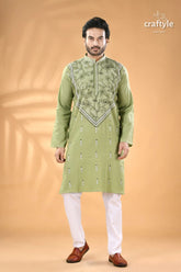 Light moss green kantha work men’s cotton ethnic punjabi men’s light green embroidered kurta 5