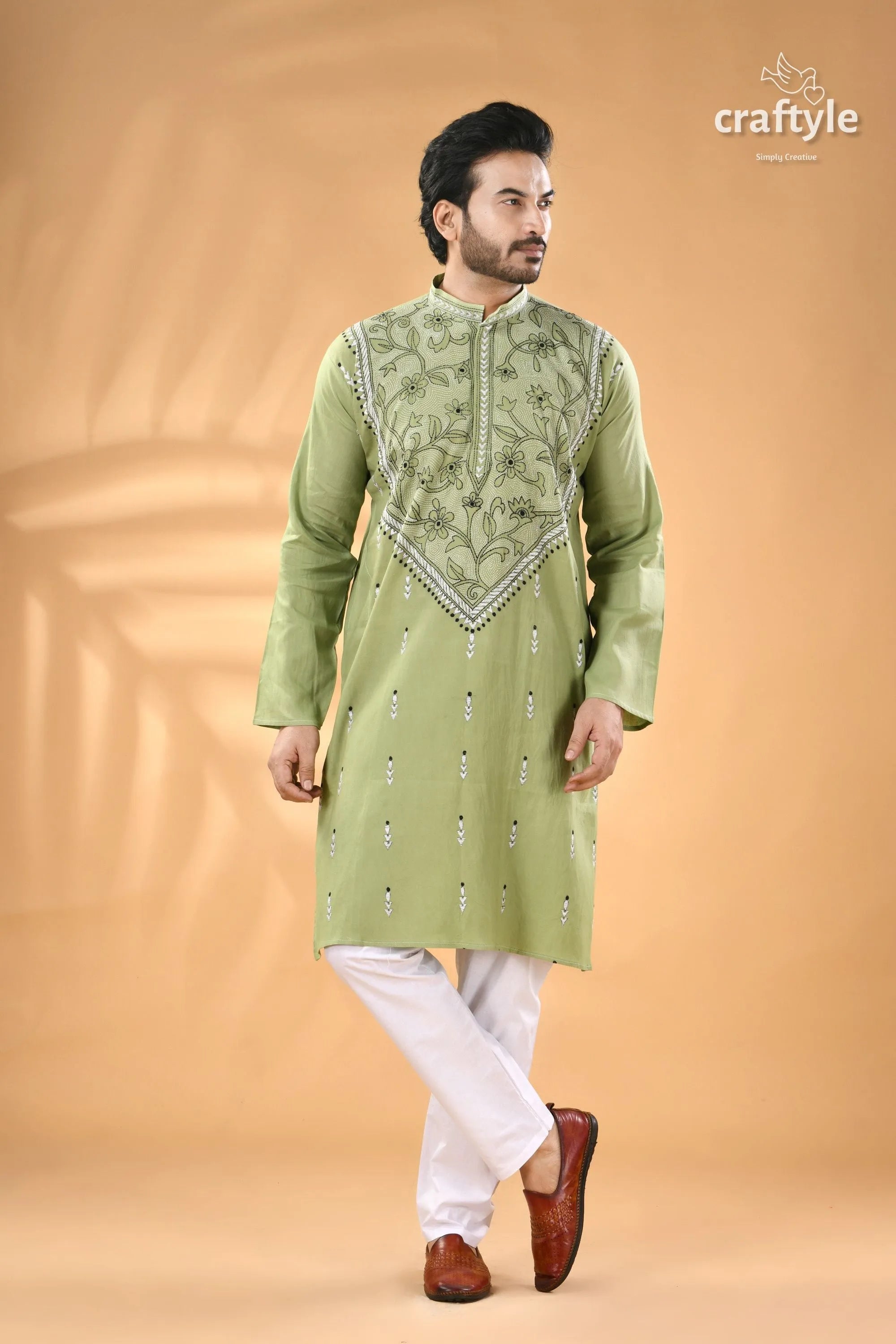 Light moss green kantha work men’s cotton ethnic punjabi men’s sage green embroidered long 4