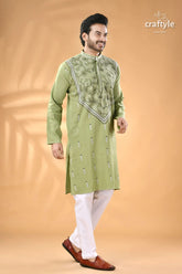 Light moss green kantha work men’s cotton ethnic punjabi men’s green embroidered kurta white 3