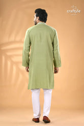 Light moss green kantha work men’s cotton ethnic punjabi men’s pistachio green long kurta 6