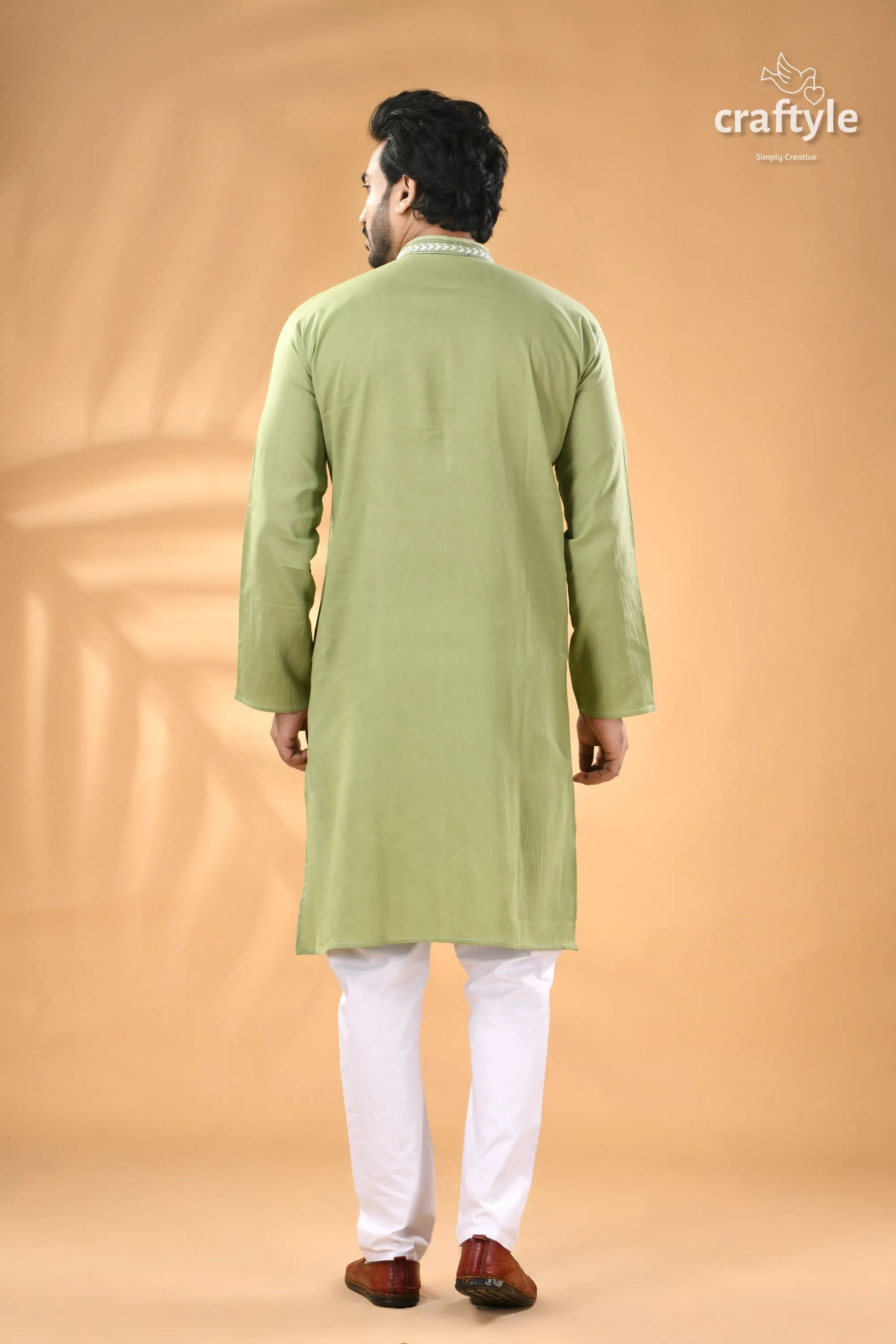 Light moss green kantha work men’s cotton ethnic punjabi men’s pistachio green long kurta 6