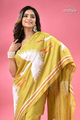 Light olive green heron design silk kantha work saree woman vibrant green sari white 2