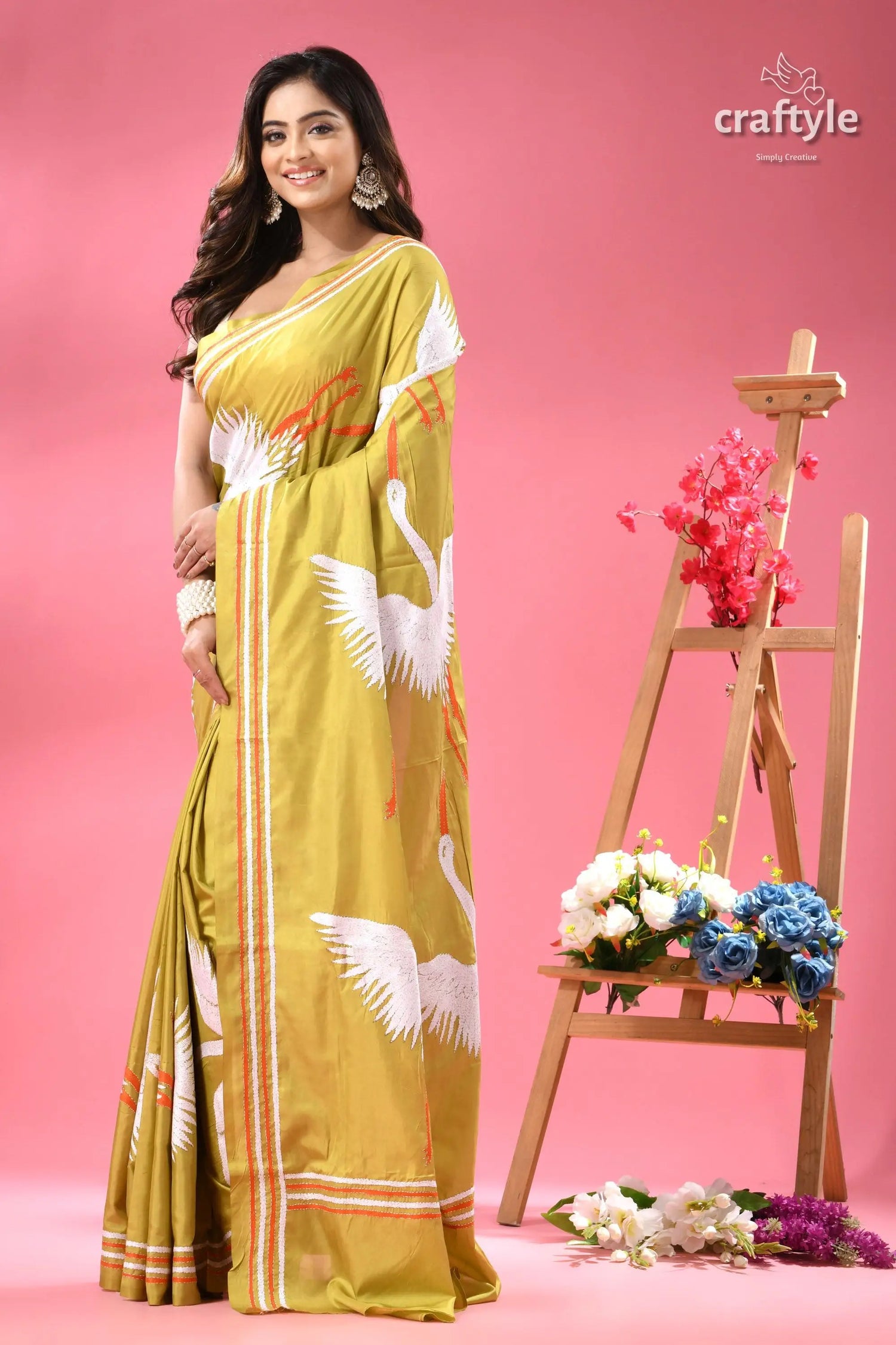 Light olive green heron design silk kantha work saree woman yellow saree white swan 4