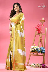 Light olive green heron design silk kantha work saree woman yellow saree white swan 4
