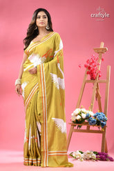 Light olive green heron design silk kantha work saree woman mustard yellow saree white 6