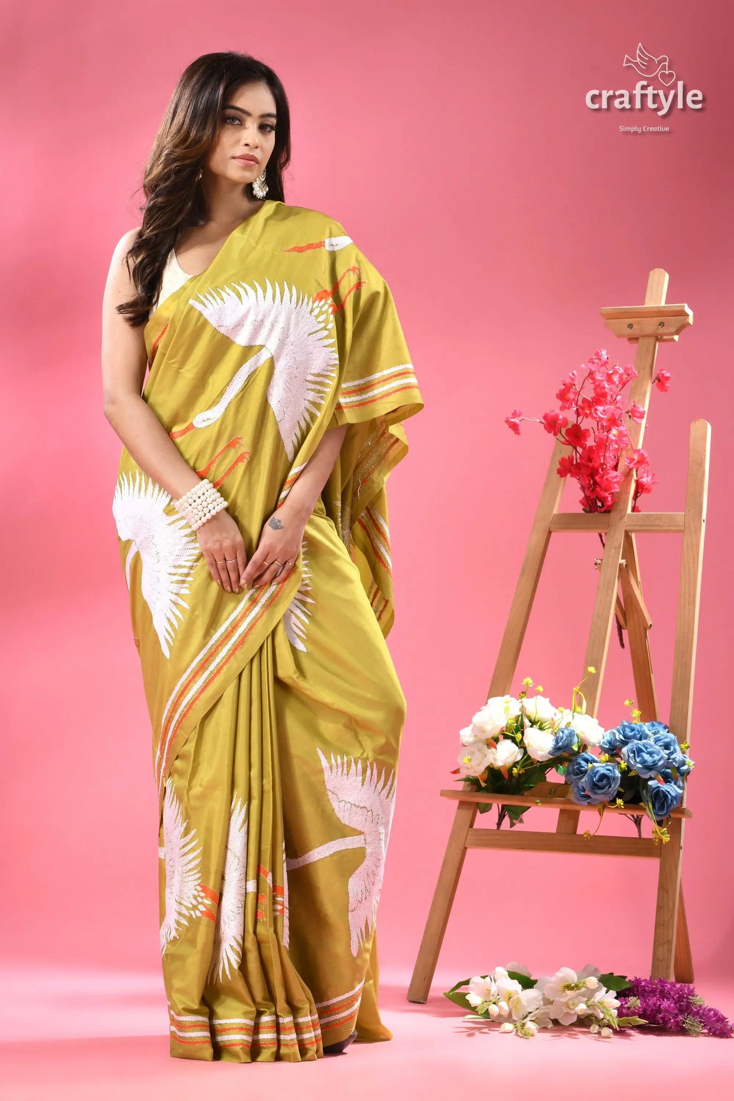 Light olive green heron design silk kantha work saree woman yellow saree white bird 3