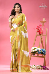Light olive green heron design silk kantha work saree yellow green saree white swan print 1