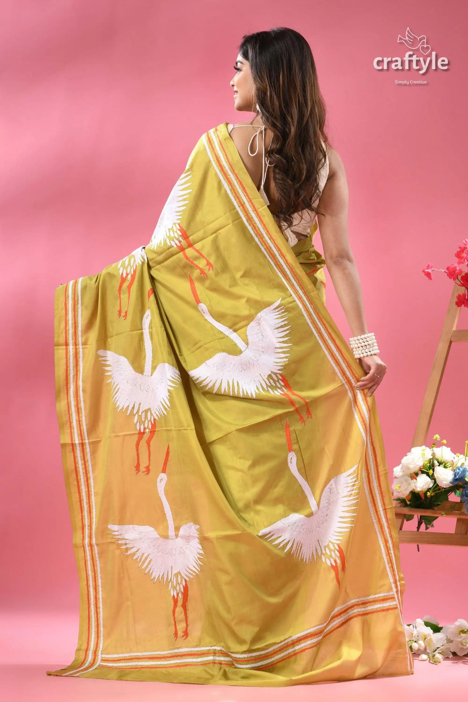 Light olive green heron design silk kantha work saree mustard yellow silk saree white 5