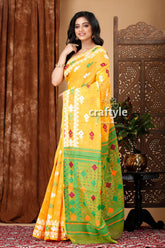 Light orange green jamdani saree - intricate design yellow saree green red accents 3