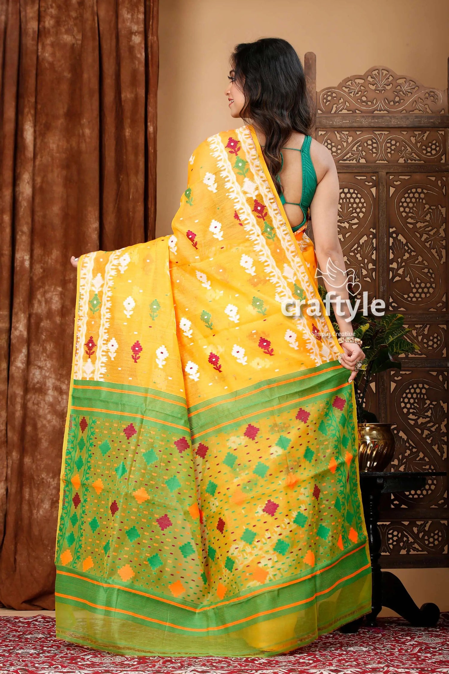 Light orange green jamdani saree - intricate design yellow green patterned saree 5