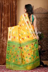 Light orange green jamdani saree - intricate design yellow green patterned saree 5