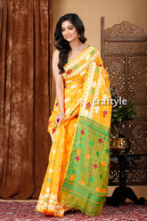 Light orange green jamdani saree - intricate design yellow saree green red accents 4