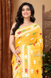 Light orange green jamdani saree - intricate design yellow patterned saree 2