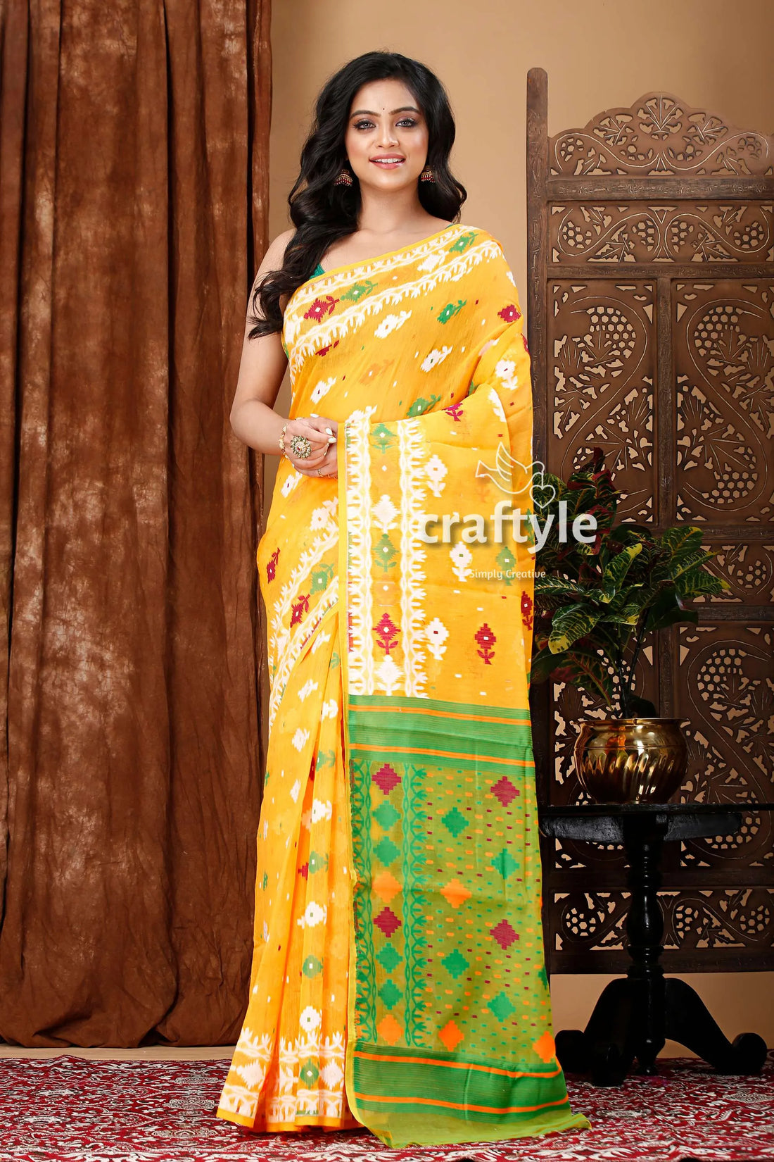 Light orange green jamdani saree - intricate design yellow cotton border 1