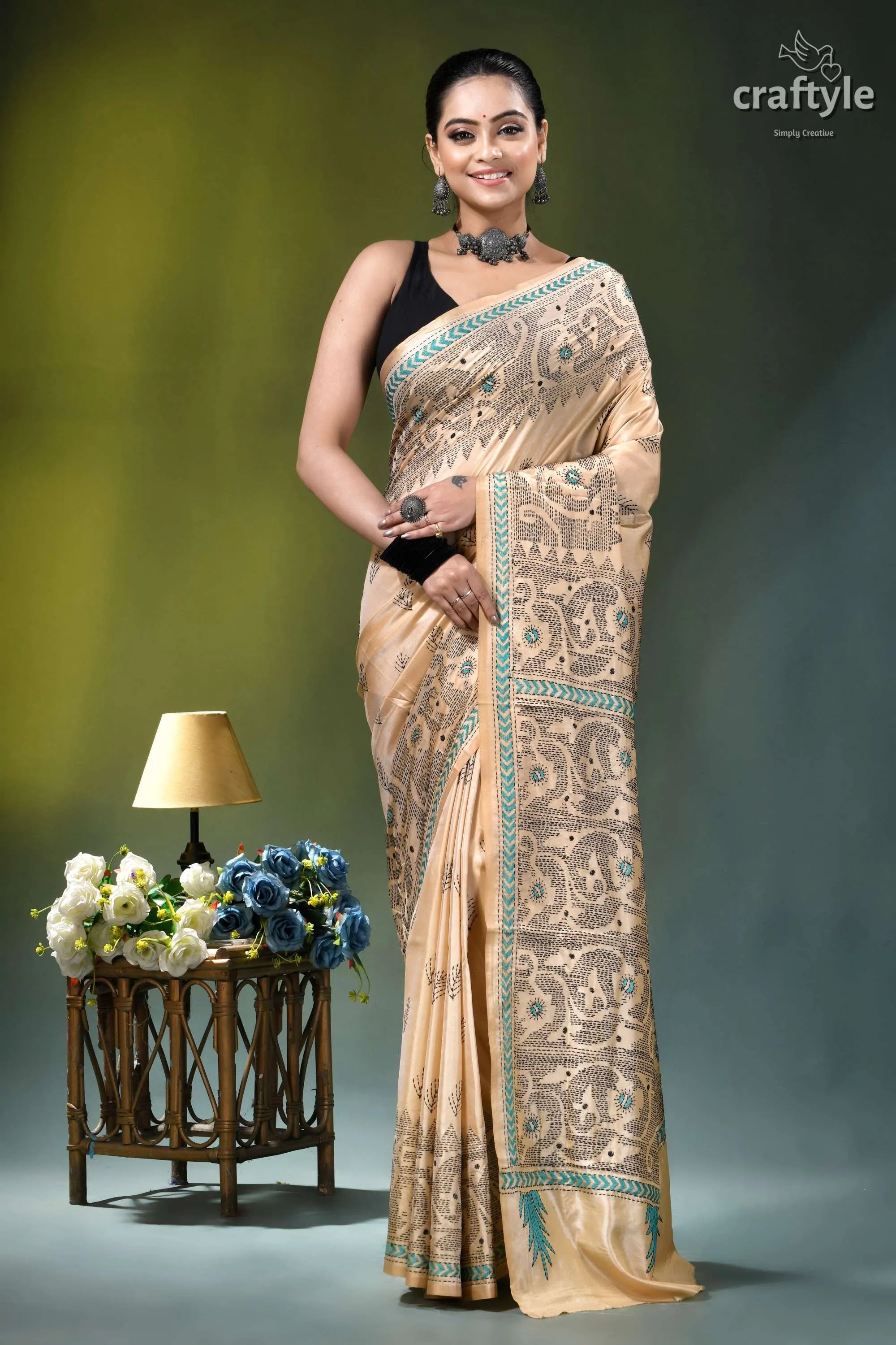 Light peach jamdani design hand embroidered silk kantha saree beige silk saree intricate black 6