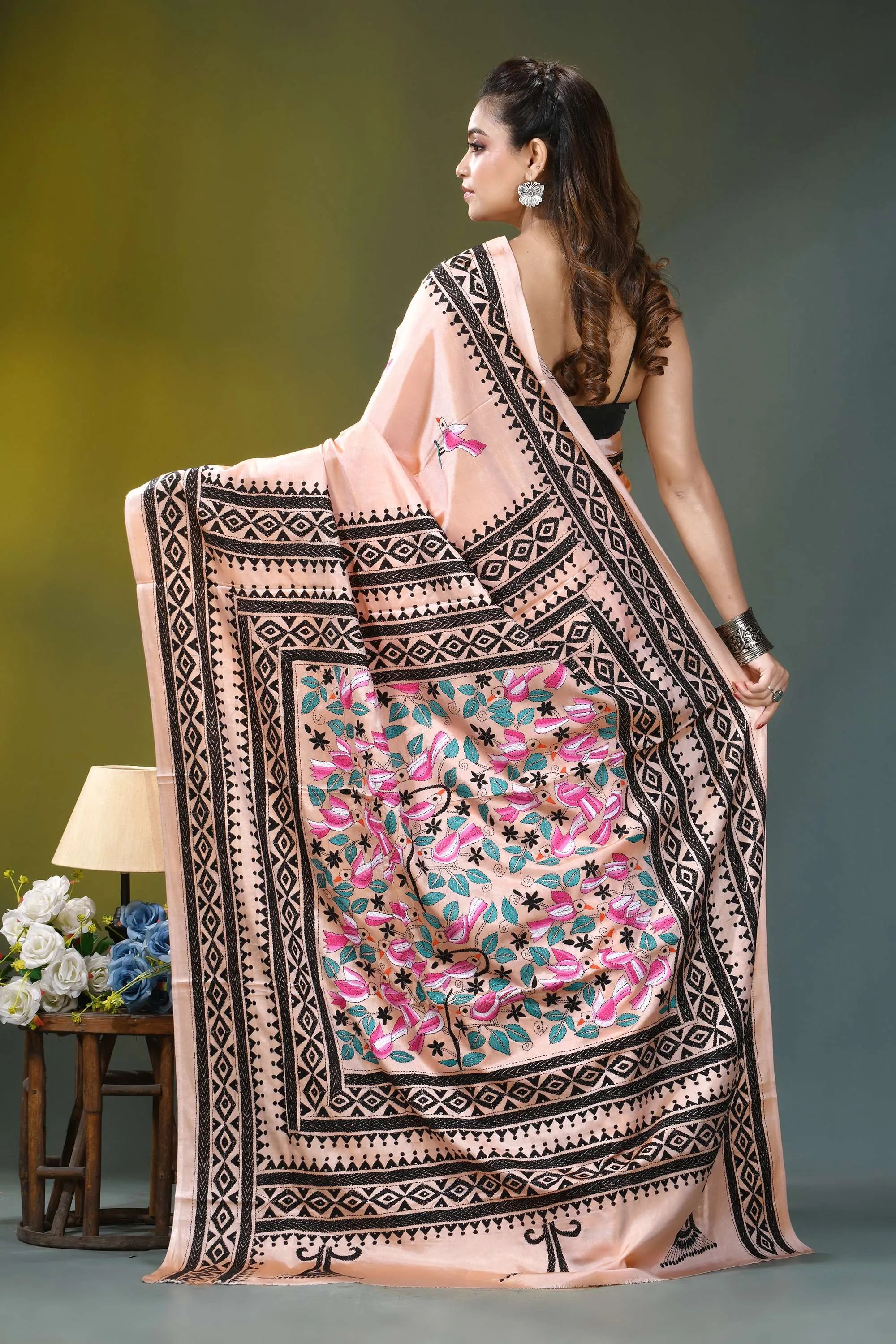 Light peach silk kantha stitch saree with exquisite bird design delicate peach-colored silk saree adorned 5