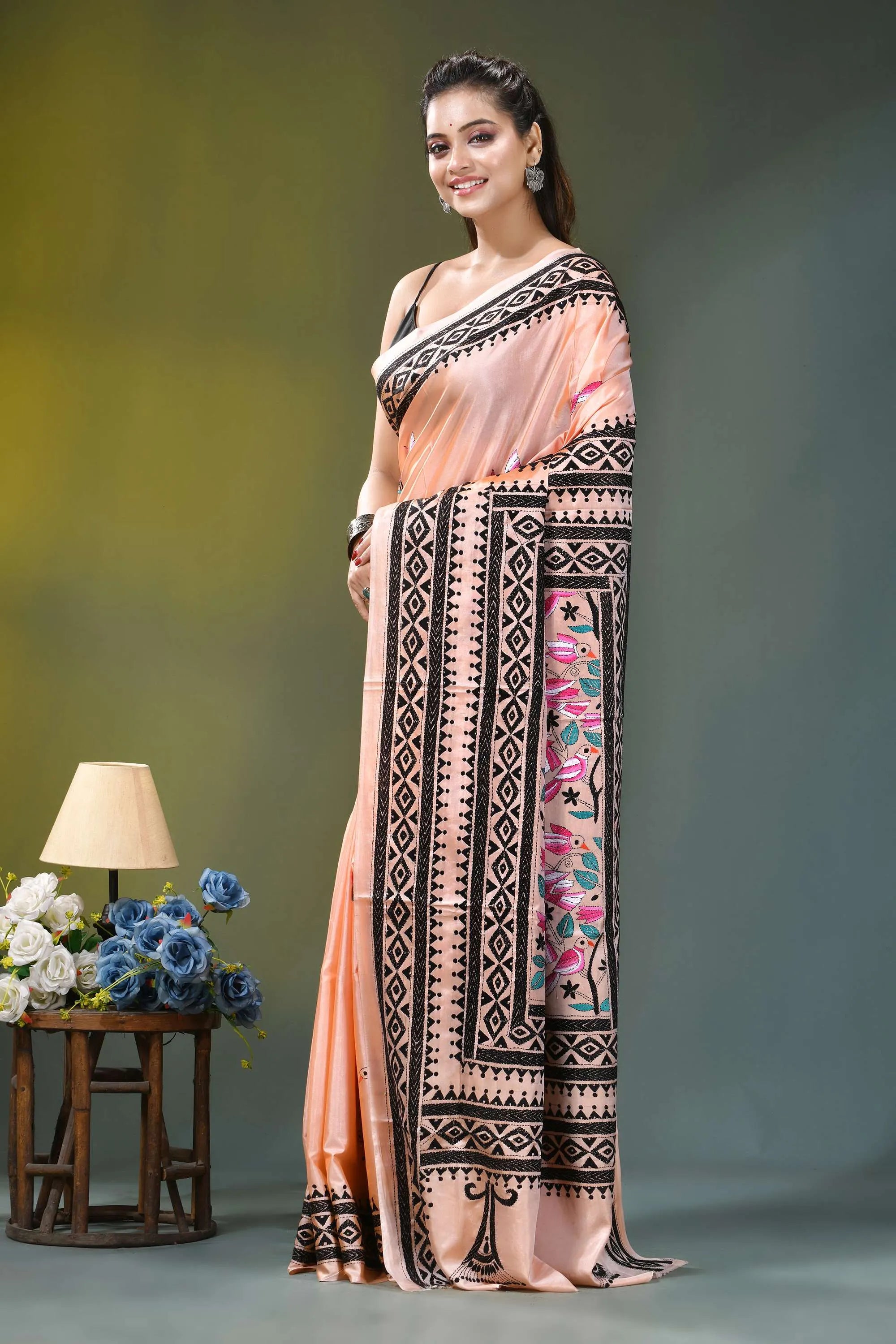 Light peach silk kantha stitch saree with exquisite bird design peach-colored silk saree intricate black 3