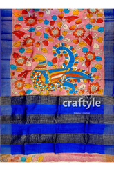 Light pink hand-painted pure tussar kalamkari saree with elegant zari border hand-painted pink saree floral peacock 7