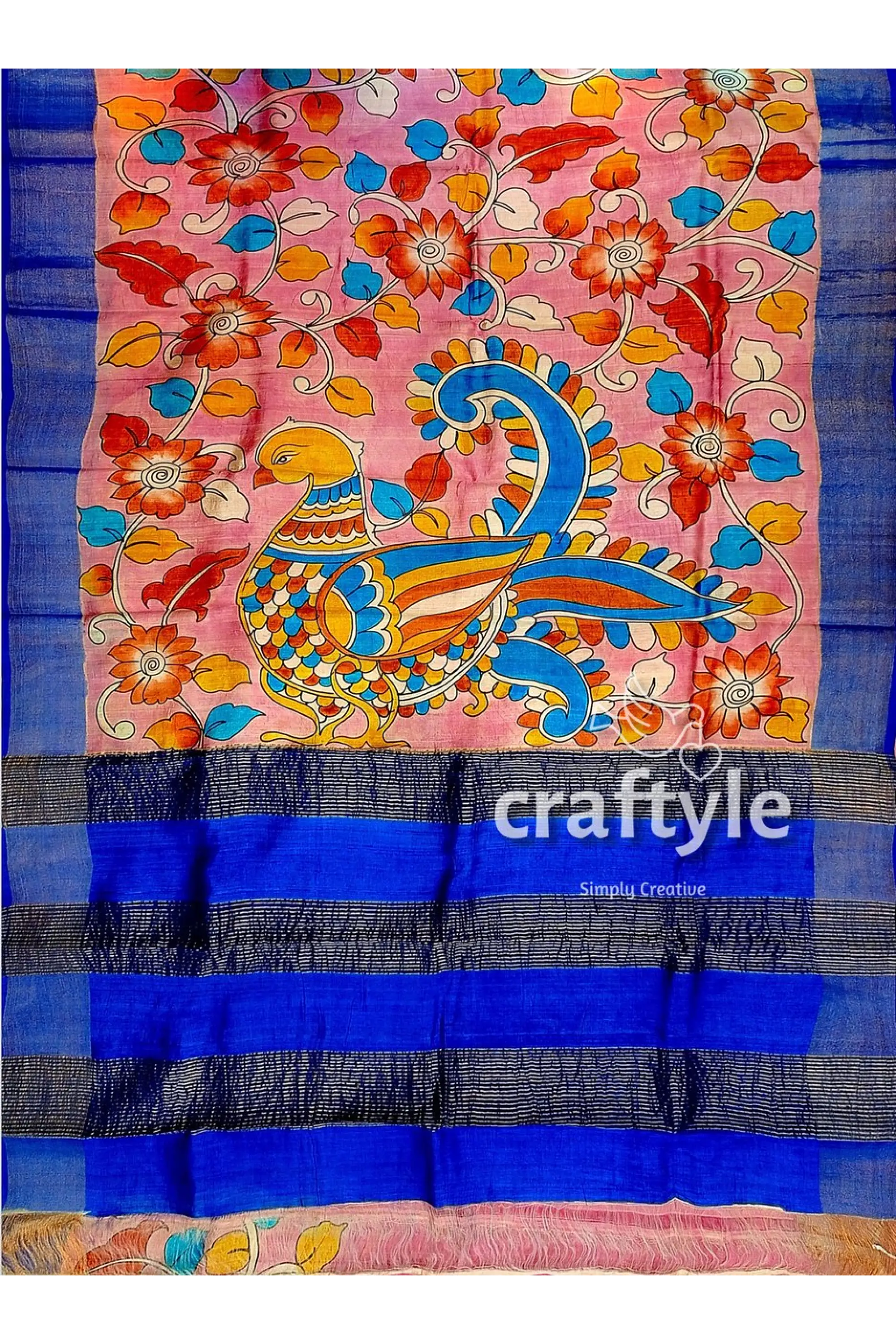 Light pink hand-painted pure tussar kalamkari saree with elegant zari border hand-painted pink saree floral peacock 6