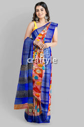 Light pink hand-painted pure tussar kalamkari saree with elegant zari border woman blue-bordered floral saree 4