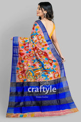 Light pink hand-painted pure tussar kalamkari saree with elegant zari border woman pink blue saree 6