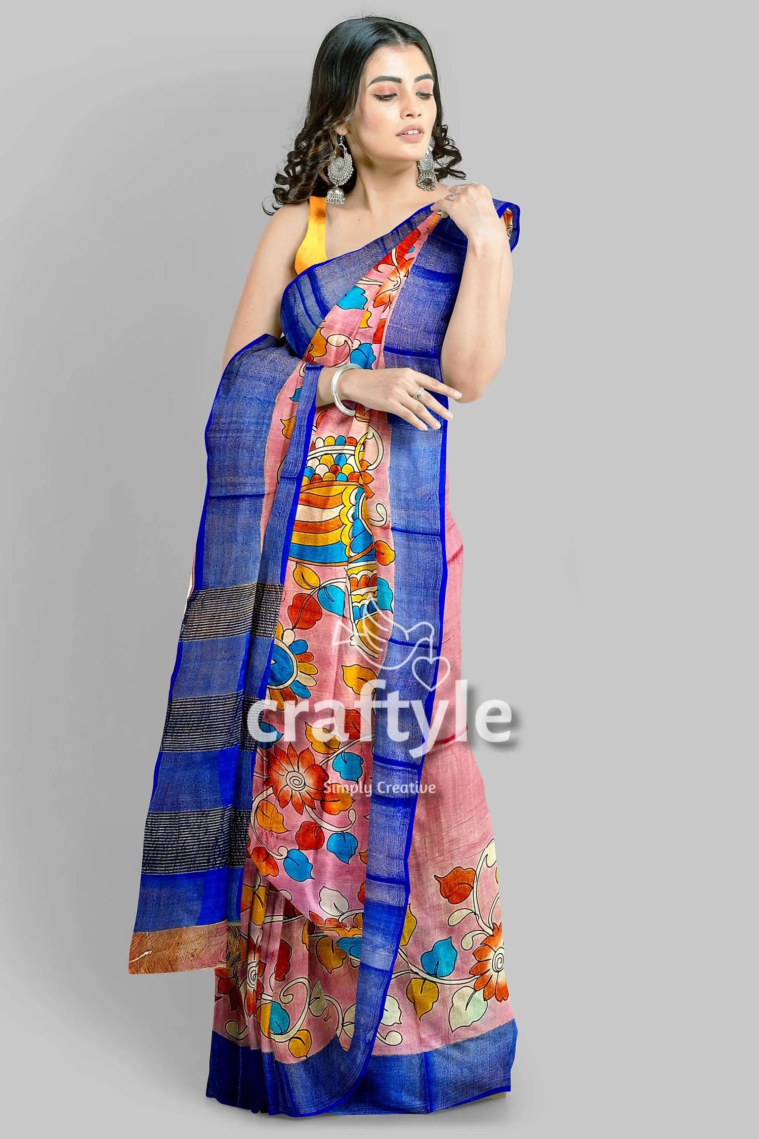 Light pink hand-painted pure tussar kalamkari saree with elegant zari border woman pink floral saree blue 3
