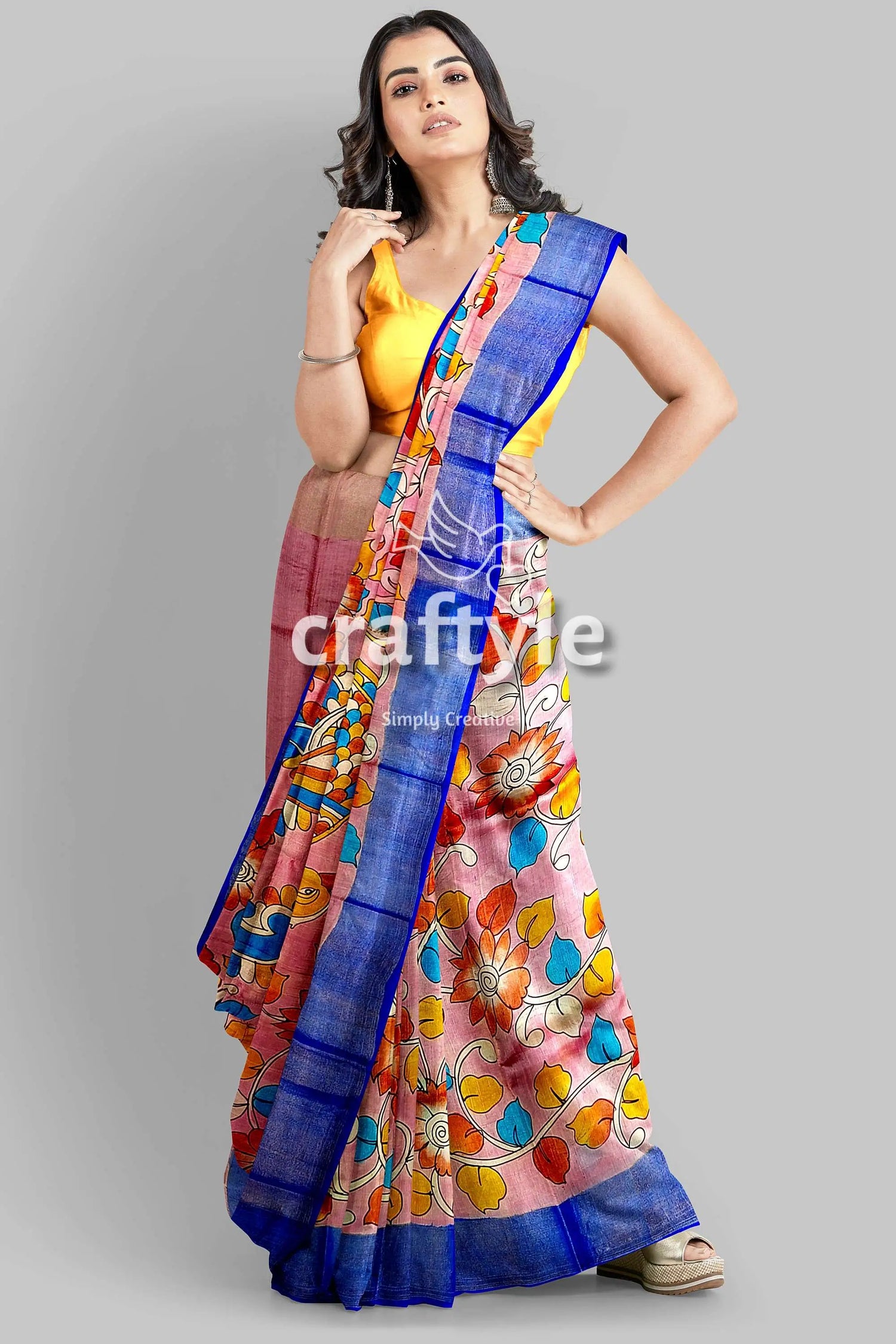 Light pink hand-painted pure tussar kalamkari saree with elegant zari border woman pink saree blue border 5