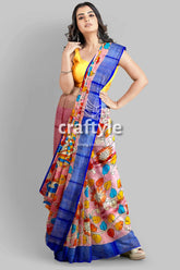 Light pink hand-painted pure tussar kalamkari saree with elegant zari border woman pink saree blue border 5