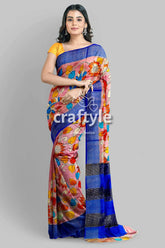 Light pink hand-painted pure tussar kalamkari saree with elegant zari border floral-patterned saree blue border 2