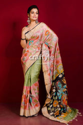 Light pink hand painted zari border pure tussar kalamkari saree elegant hand-painted saree 1